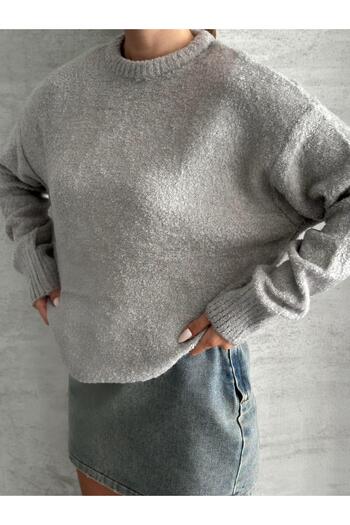FERZOLAİO Crew Neck Soft Gray Oversize Sweater