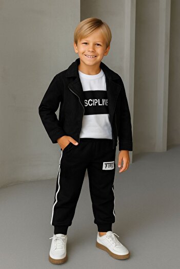 KOKOŞ BEBEK Boys' 3-Piece Sports Set – Jean Jacket, Printed T-Shirt & Side-Striped Sweatpants (Ages 2-8)
