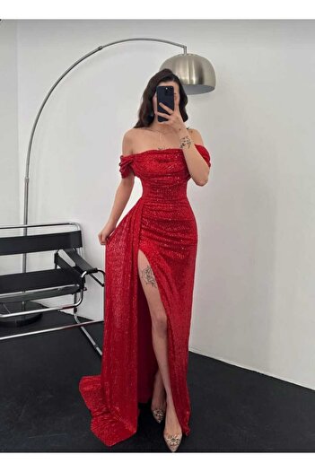 mafdress Women's Red Sequin Low Sleeve Long Evening Dress