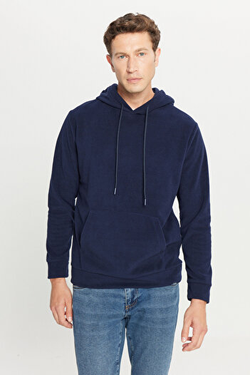 AC&Co / Altınyıldız Classics Men's Navy Blue Fleece Sweatshirt Standard Fit Regular Cut Hooded Collar