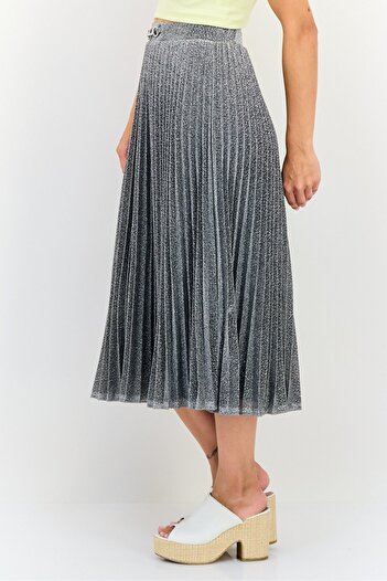 MOHITO Women Metallic Print Midi Skirts, Sliver