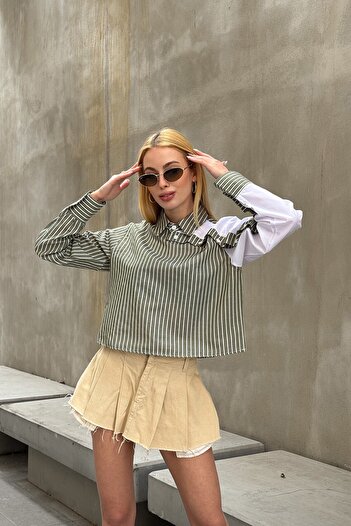 VAGGON Women's Green Striped Contrast Long Sleeve Asymmetric Button Detailed Crop Shirt Vs00920