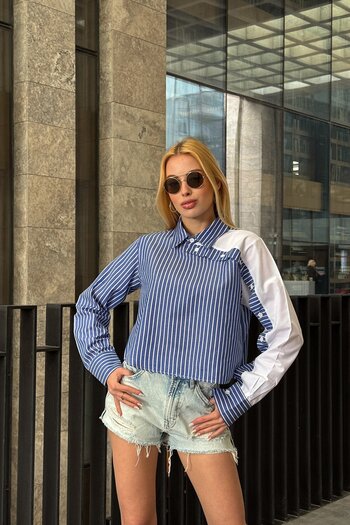 VAGGON Women's Navy Blue Striped Contrast Long Sleeve Asymmetrical Button Detailed Crop Shirt Vs00920