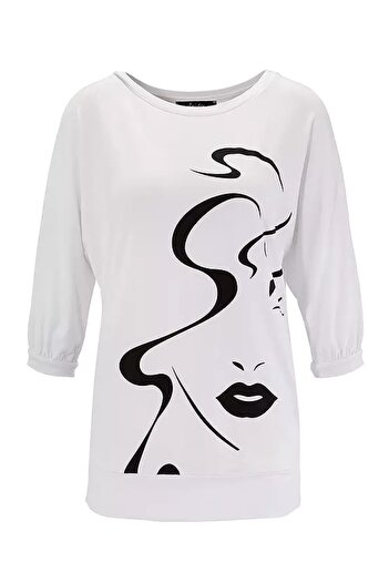 Şans Women's Plus Size White, Face Printed Bat Sleeve Viscose Blouse 65N39121