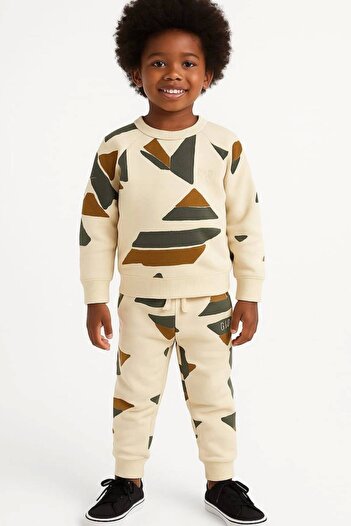 Kidmark Çocuk Modası Boy's Geometric Patterned 100% Cotton Top and Bottom Set