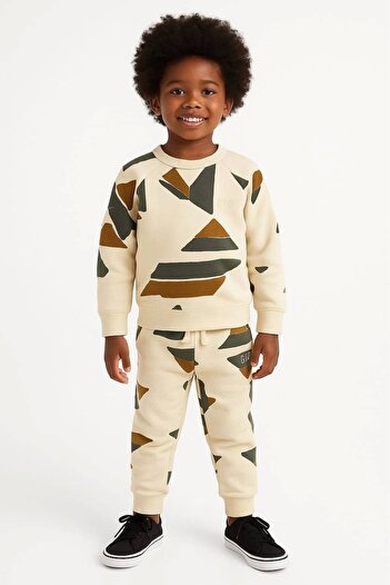 Kidmark Çocuk Modası Boy's Geometric Patterned 100% Cotton Top and Bottom Set