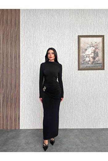 ESRAHELVACI Uzun Kol Aksesuar Drapeli Maxi Elbise