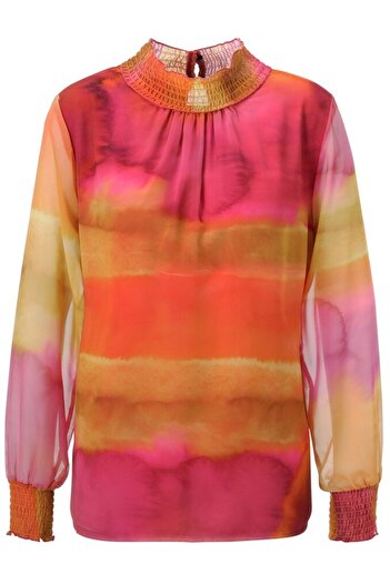 Şans Women's Plus Size Colorful, Tie-Dye Chiffon Fabric, Blouse with Crochet Detail on Neckline and Sleeve Cuffs 65N39123