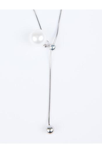 Jimmy Key Silver Color Metal Ball Detailed Adjustable Necklace with Pearls