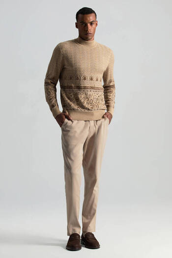 Hemington Merino Yün İpek Karışım Paisley Desen Lupetto Yaka Camel Triko Kazak