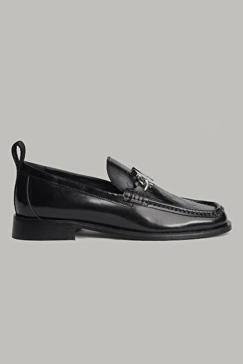 Karl Lagerfeld - Leather Loafers with Metallic Detail, Black, Size 37