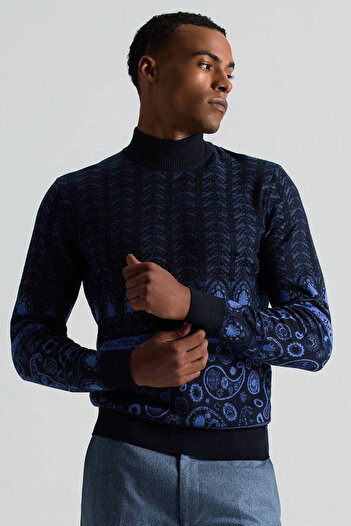 Hemington Merino Yün İpek Karışım Paisley Desen Lupetto Yaka Lacivert Triko Kazak