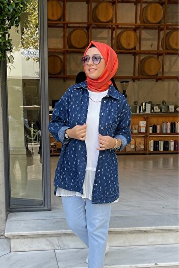 Tuğba Sarı Önü Taşlı Lacivert Kot Gömlek