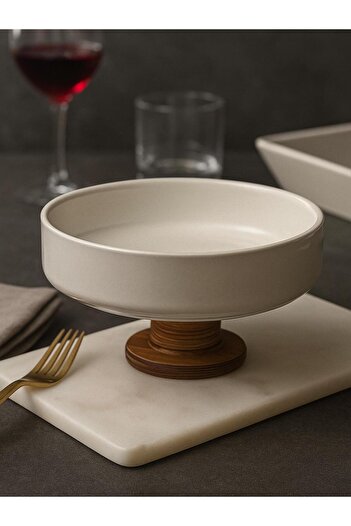Sezka Life Footed Round Bowl Wooden Footed Acacia Salad Bowl, Ceramic Presentation Serving Bowl 20.5cm