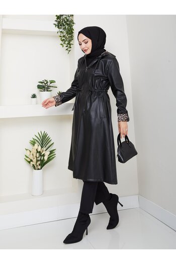 Hb Harma Time Butik Women's Hooded Zippered Leather Black Hood
