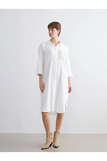 LC Waikiki Lcwaikiki Classic White Textured Crochet Detailed Shirt Dress