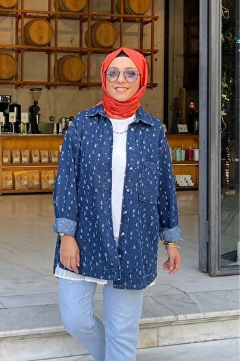 Tuğba Sarı Önü Taşlı Lacivert Kot Gömlek