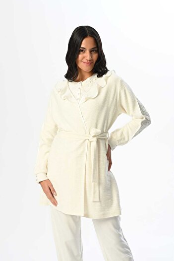Lohussa Women's Ecru Knitwear Dressing Gown with Lace Winter Special Design Maternity Maternity Dressing Gown Pajama Set