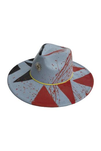 Pursehuit Blue hat, wide brim, handmade, hand painted and accessorized, Sun Rays