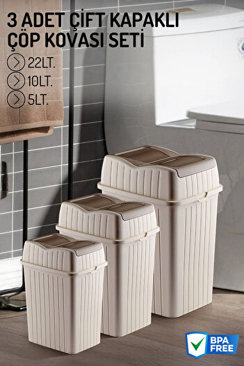 Nandy Home Set of 3 Double Lid Trash Cans - Trash Can for Kitchen and Bathroom - 22-10-5Lt.