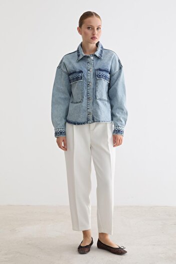 LEVURE Nakış Detaylı Denim Kot Ceket BLUE