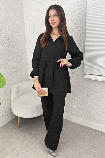 Salih Çelebi Cross Tie Kimono Set 43457 - Black