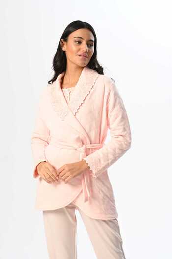 Lohussa Women's Powder Jacquard Shawl Collar Lace Winter Special Design Maternity Maternity Dressing Gown Pajama Set