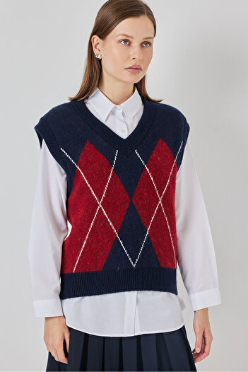 Bigdart Women's Diamond Patterned Sweater 15940 - Navy Blue