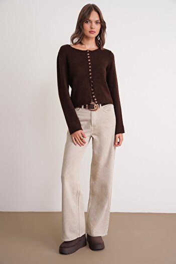 Mixray 6957 Women's Buttoned Crew Neck Knitwear Cardigan Brown