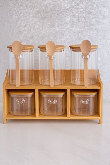 morponi Set of 6 Borosilicate Glass Spice Jars with Bamboo Stands 430 Ml+330 Ml(11515)