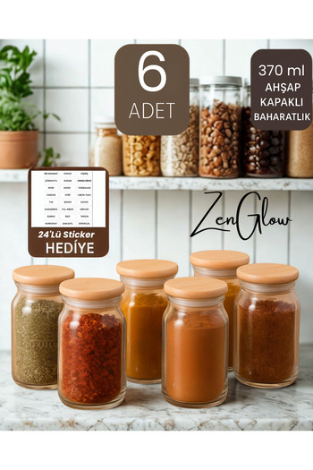 ZenGlow Set of 6 Luxury Bamboo Vacuum Lid Glass Spice Jars / Set 370 ml with Label Gift