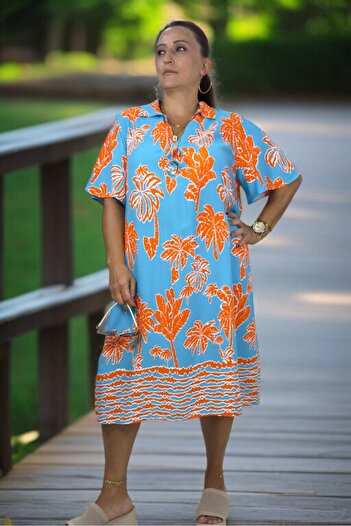 yagmurberen Palm Patterned Polo Collar Short Sleeve Relaxed Fit Medium-Length Cotton Viscose Plus Size Dress