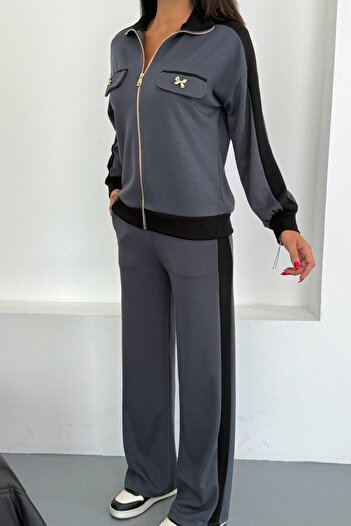 Ded COLLECTION Women's Gold Bow Ornament Pocket Thick Stripe Detailed Sporty Stylish Modal Suit