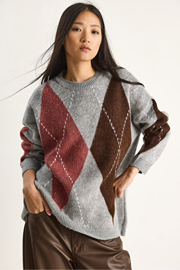 Bianco Lucci Women's Diamond Patterned Oversize Knitwear Sweater 60351284