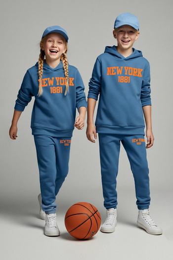 TRENDYOLKIDS Kék pamut kapucnis oversize uniszex gyerek pulóver és melegítőnadrág alsó - felső szett TKDAW26AU00003