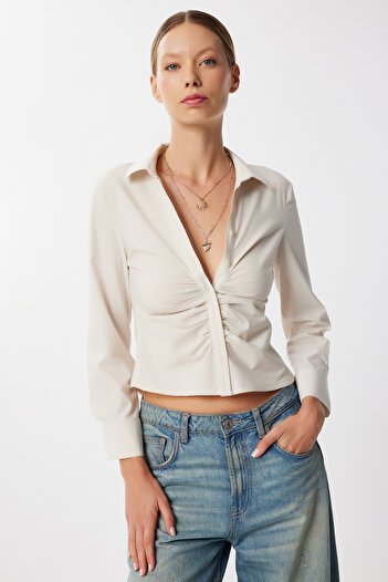 Happiness İstanbul Women's Sky Blue Drawstring Woven Shirt Mx00256