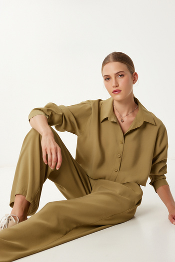 Happiness İstanbul Women's Olive Green Modal Shirt Pants Set Bv00158
