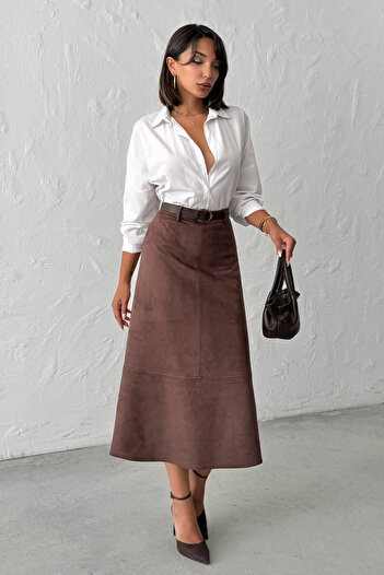 Trendyol Collection Dark Brown a Line Midi Knitted Suede Skirt Twoaw26Et00128