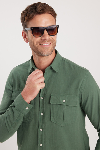 Tudors Men's Regular Fit Classic Cut 100% Cotton Linen Texture Double Pocket Khaki Shirt