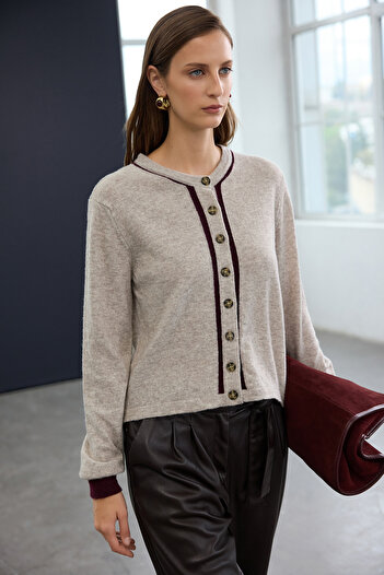 Trendyol Collection Trendyolmilla Studio Gray Wool Piping Detailed Knitwear Cardigan Twoaw26Hi00269