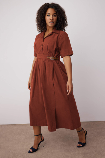 Trendyol Curve Brick Shirt Collar Midi Woven Plus Size Dress Tbbss25Ah00237