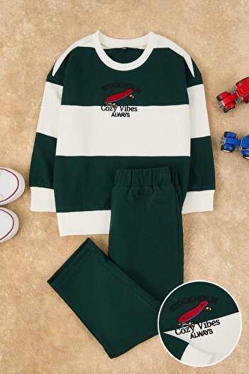 TRENDYOLKIDS Green Cotton Embroidered Regular Boys' Knitted Bottom - Top Set Tkdaw26Au00068