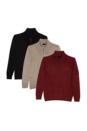 Tudors Pachet de 3 pentru bărbați, negru-visiniu-maro deschis, slim fit, cu fermoar, cu guler în picioare, pulover tricotat