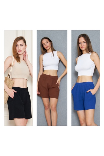 ESPOİRPLUS Women's Summer Muslin Fabric Comfortable and Fresh 3-Piece Shorts with Pocket Detail