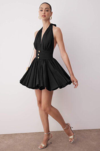Trendyol Collection Black Waist Opening/Skater Fall Detail Chiffon Short/Mini Dress Tprss25El00319