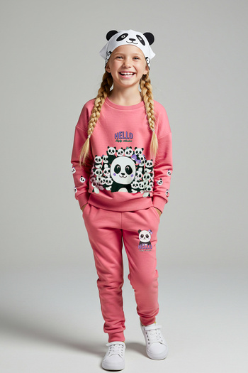 TRENDYOLKIDS Fukszia Panda mintás lány pizsama szett - kötött alsó szett Tkdaw25au00077