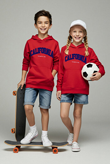 TRENDYOLKIDS Red Cotton Slogan Printed Hooded Oversize Knitted Unisex Children's Sweatshirt Tkdaw26Sw00025