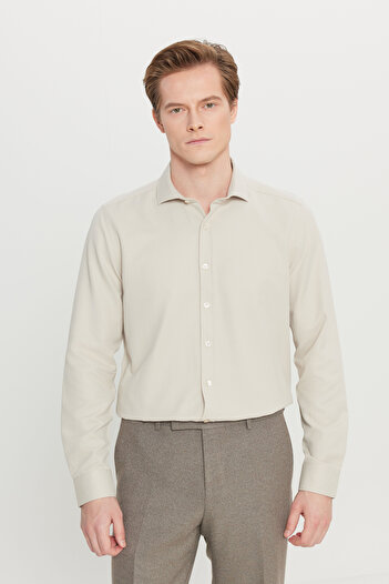 AC&Co / Altınyıldız Classics Men's Beige Slim Fit Narrow Cut Italian Collar Dobby Shirt