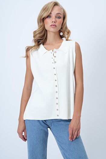 Trend Alaçatı Stili Women's Ecru Polo Neck Gold Buttoned Knit Vest Alc-X14453