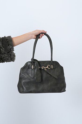 Trend Alaçatı Stili Damen-Kunstledertasche mit Schultergurt in Khaki und goldenem Verschlussdetail Alc-X14493
